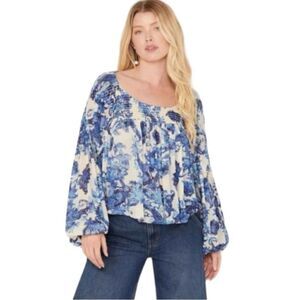 FREE PEOPLE Women's Up For Anything Floral Cropped Blouse Blue Size Small